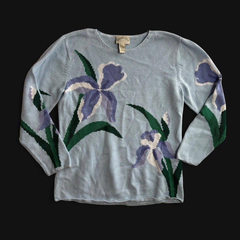 Vintage Belle Isle Blue Floral Knit Sweater Purple Iris Ramie Cotton Womens M